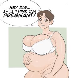 1girls age_difference bra brown_eyes brown_hair exposed_pussy holding_belly implied_impregnation large_breasts milf mother older_woman_and_younger_boy pregnant_female sara_(zigzaglewds) short_hair tagme talking_to_another talking_to_partner thick_thighs white_bra zigzaglewds