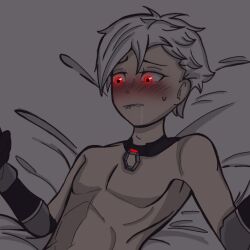 biting_lip blush blushing cyborg drool drool_on_face drooling femboy gay necklace orin_(fortnite) pale-skinned_male pale_skin red_eyes shiny_eyes sweatdrop tagme teenager twink white_hair