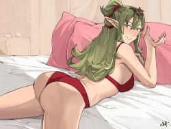 1girls ass ass_focus bangs big_ass breasts female female_only fire_emblem fire_emblem_awakening green_eyes green_hair hair_ornament hair_ribbon highres long_hair looking_at_viewer nintendo panties pointy_ears ponytail red_panties ribbon sakuremi smile solo tiara tiki_(adult)_(fire_emblem) tiki_(fire_emblem) underwear