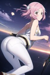 ai_generated ass ass_focus bare_shoulders blush breasts female from_behind hair_ornament lisbeth looking_at_viewer pants pantylines pink_eyes pink_hair shiny shiny_clothes shiny_hair short_hair sideboob smile sword_art_online