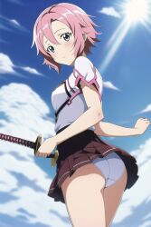 ai_generated ass blue_eyes blush breasts female from_behind from_below lisbeth looking_at_viewer miniskirt panties pink_hair school_uniform schoolgirl shiny shiny_hair short_hair sideboob skirt solo sword sword_art_online weapon