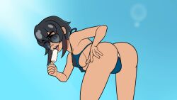 1girls anduo_games ass bangs beach bending_over black_hair brown_eyes hand_on_hip jenna_(third_crisis) leaning_forward licking nude nude_female perky_breasts popsicle presenting presenting_hindquarters ratedehcs showing_off smile smiling smirk summer sun sunglasses sunglasses_on_head swimsuit third_crisis thong tongue_out water waves