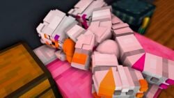 1boy 1girls 3d animatronic animatronic_female bed bedroom breasts erect_nipples five_nights_at_freddy's fnaf from_behind funtime_foxy_(fnaf) funtime_foxy_(fnafsl) humanoid lolbit_(fnaf) mine-imator minecraft nude_female oddities on_bed outside robot_girl spooning tagme