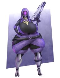 alien female holding_gun large_breasts marauder6272 masked mass_effect purple_suit quarian tali'zorah_nar_rayya thick_thighs wide_hips