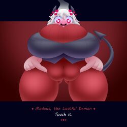 ass_visible_through_thighs blush breasts_bigger_than_head demon dialogue female from_below heart heart-shaped_pupils helltaker horns horny huge_breasts jacket metaskei modeus_(helltaker) puffy_pussy pussy skin_tight steam sweater tail talking_to_viewer thick_thighs touching_pussy white_hair wide_hips