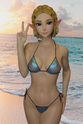 1girls 3d 3d_(artwork) beach bikini blender blender_(software) blonde_hair blonde_hair_female breasts earrings elf_ears female female_only nintendo only_female princess_zelda solo solo_female tears_of_the_kingdom the_legend_of_zelda twilight_princess v yazz_3d zelda_(tears_of_the_kingdom)