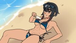 1girls anduo_games bangs beach black_hair bra brown_eyes fit_female jenna_(third_crisis) looking_at_viewer lying lying_on_back popsicle popsicle_melting ratedehcs sand shore smile summer sunglasses sunglasses_on_head swimsuit third_crisis thong water