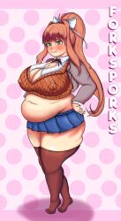 1girls bbw belly big_belly big_breasts breasts chubby clothing doki_doki_literature_club fat female female_only forksporks green_eyes huge_breasts light-skinned_female light_skin long_hair monika_(doki_doki_literature_club) overweight solo solo_female standing thick thick_thighs