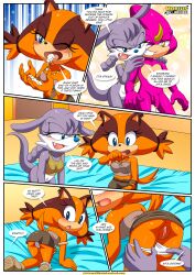 2girls after_oral anthro ass badger bbmbbf blue_eyes blue_nose blush bottomless brown_fur cameltoe clothed clothing comic comic_page cum cum_in_mouth cum_on_hand espio_the_chameleon fangs female furry male mobius_unleashed mustelid nicolette_the_weasel orange_body orange_fur palcomix panties panties_down penis ponytail purple_body purple_fur purple_skin pussy rear_view reptile sega sonic_(series) sonic_boom sonic_the_hedgehog_(archie) sonic_the_hedgehog_(comics) sonic_the_hedgehog_(series) stickin'_around_(comic) sticks_the_badger text topwear two_tone_body undressing weasel yellow_eyes