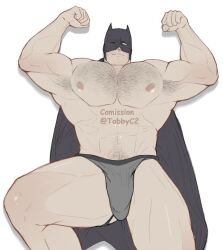 1boy bara batman batman_(series) biceps big_pecs body_hair bruce_wayne buff busty cape chest_hair dc flexing flexing_arms flexing_both_biceps flexing_muscles grey_thong grey_underwear hairy hairy_armpits hairy_chest hairy_male human human_only light-skinned_male light_skin lying lying_on_back lying_on_floor lying_on_ground male male_chest male_focus male_only manboobs mask masked moobs muscle muscles muscular muscular_male muscular_thighs nipples pale-skinned_male pale_skin pecs pectorals pink_nipples pubic_hair smiling solo solo_focus solo_male thick_thighs thong thong_only thongs tobbyc2 underwear underwear_only white_background wink