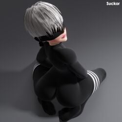 1boy 3d ass big_ass blindfold clothed clothing femboy gay huge_ass light-skinned_male light_skin male male_focus male_only nier nier:_automata solo solo_male suckor trap white_hair yorha_9s