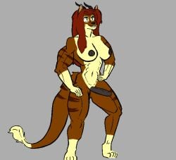 aardwolf anthro asche_(krautdyke) asphalt asphalt_(artist) breasts dark_nipples digitigrade fangs front_view futanari hair hand_on_hip hand_on_leg hand_on_thigh herm horn humanoid_genitalia hybrid hyena intersex mammal muscular nude red_hair simple_background solo stripes tail tail_tuft teeth thick_tail tuft