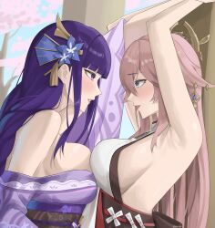 2girls armpits arms_up backless_outfit bare_shoulders blush breast_press byeon_dha female female_only genshin_impact off_shoulder pink_hair purple_hair raiden_shogun yae_miko yuri