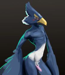 anthro avian backlighting beak blue_body blue_feathers breath_of_the_wild cheek_tuft colored crotch_tuft erection facial_tuft feathers genitals gradient_background green_eyes grey_background light lighting looking_at_viewer male male_only nintendo nude penis pink_penis revali rito scuotivento shaded simple_background solo the_legend_of_zelda tuft white_body white_feathers winged_arms wings