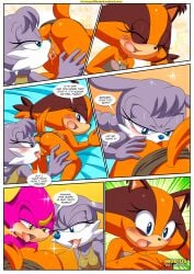 2girls anthro anus ass bbmbbf blue_eyes blush bottomless brown_fur clothing comic comic_page cum cum_in_mouth cum_on_tongue cunnilingus espio_the_chameleon female female/female furry horn male mobius_unleashed mustelid nicolette_the_weasel orange_body orange_fur palcomix partially_clothed ponytail purple_body purple_fur purple_hair purple_skin pussy reptile sega sex sonic_(series) sonic_boom sonic_the_hedgehog_(archie) sonic_the_hedgehog_(comics) sonic_the_hedgehog_(series) stickin'_around_(comic) sticks_the_badger text tongue tongue_out topwear two_tone_body weasel yellow_eyes