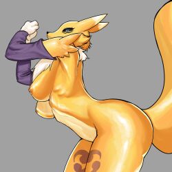 1:1 3_fingers absurd_res anthro armwear ass athletic bandai_namco big_breasts big_butt black_nose blue_eyes breasts bridal_gauntlets canid canine cheek_tuft chest_tuft clothed clothed/nude clothing countershade_torso countershading curvy_figure digimon digimon_(species) digital_drawing_(artwork) digital_media_(artwork) eyelashes facial_markings facial_tuft female fingers fluffy fox fur fur_markings grey_background head_markings hi_res kemono mammal markings neck_tuft nipples nude purple_body purple_clothing purple_fur renamon ribs shaded shoulder_tuft side_boob side_view simple_background slim solo solo_focus thick_thighs tomoe_(symbol) tuft white_body white_breasts white_fur wide_hips yellow_body yellow_breasts yellow_fur yellow_nipples zokoball