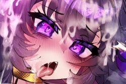 ahoge blush commentary crawling_dreams cum cum_on_body cum_on_hair english_commentary facial female hair_between_eyes heart heart_in_eye long_hair looking_at_viewer nyarla_(osiimi) open_mouth osiimi paid_reward_available portrait purple_eyes purple_hair solo symbol_in_eye tongue tongue_out