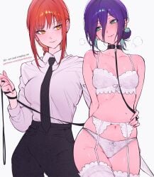2025 2d 2d_(artwork) 2girls bondage bound chainsaw_man collar female female_focus female_only femdom femsub head_tilt leash leash_pull lingerie makima_(chainsaw_man) petplay qiandaiyiyu reze_(chainsaw_man)