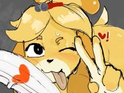 ? animal_crossing before_sex big_breasts breasts breasts_out clueless dick_on_face exposed_breasts exposed_nipples heart isabelle_(animal_crossing) ko-fi qwpeowqpe striped_body sweat tagme