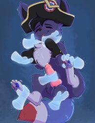 3_toes balls black_hair blue_body blue_fur boots closed_eyes clothing disembodied_hand eevee feet feral footwear fur gabileafy generation_1_pokemon genitals ghost_hand hair hat headgear headwear hi_res knot leaking male nintendo paws pokemon pokemon_(species) robin_dismas shoes solo tail toes
