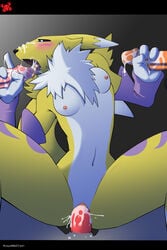 blush cum cum_inside cum_on_face digimon double_handjob fellatio group_sex handjob oral redwolfxiii renamon tongue vaginal_penetration