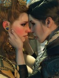2girls 3d after_kiss anna_henrietta big_ass black_hair blonde_hair breast breast_to_breast cd_projekt_red clothing crown dress earrings embarrassed female incest light-skinned_female light_skin mascara saliva saliva_trail sisters syanna the_witcher_(series) the_witcher_3:_wild_hunt word2 yuri