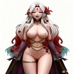 3d 3d_(artwork) ai_generated big_ass big_breasts big_butt big_thighs blue_hair blue_highlights carol_lilium chains closed_eyes elf_ears flowers_in_hair gem_on_forehead happy light-skinned_female light_skin looking_away naked naked_female nude nude_female pointy_ears pointy_teeth purple_ears purple_hands red_hair red_highlights sharp_teeth smiling smiling_at_viewer thick_hips thick_thighs white_hair
