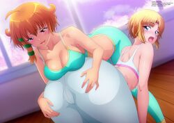 2girls :3 absurdres ahoge aqua_pants aqua_sports_bra ass bent_over blonde_hair blue_eyes blush breasts cleavage cloud collarbone female female_only from_behind hair_tubes hands_on_another's_ass highres kaori_shiruko large_breasts leaning_forward looking_at_ass looking_back multiple_girls narumi_tanaka open_mouth orange_hair original pants purple_sky red_eyes short_hair sky smile sports_bra standing surprised teeth white_pants white_sports_bra window yukino_memories yuri zel-sama