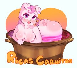 anthro arm_under_breasts ass ass_up bathtub big_butt blush breasts cooking_pot curled_tail curly_hair domestic_pig female hair heart_background heart_symbol hi_res looking_at_viewer mammal nipples nupi open_mouth partially_submerged pig pink_body pink_hair pink_liquid pink_nipples simple_background small_breasts smile smiling_at_viewer solo suid suine sus_(pig) tail white_background
