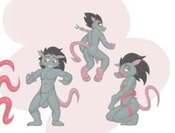 alien anthro argit azzybunn balls ben_10 black_hair cartoon_network chain_leash chains fur genitals gift_wrapped grey_body grey_fur hair hi_res leash long_hair male mammal penis rear_view rodent solo tentacle yellow_eyes
