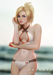 blonde_hair blue_eyes breasts cleavage fainxel female female_only looking_at_viewer mercy navel overwatch realistic solo