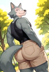 1boy ai_generated anthro anthro_male beastars big_ass big_ass_(male) big_butt black_eyes black_tank_top bubble_butt bubble_butt_(male) canid canine canis cargo_shorts clothed clothes clothing furry hands_in_pockets hi_res high_resolution highres kovasfox legoshi_(beastars) looking_at_viewer looking_back looking_back_at_viewer looking_down looking_down_at_viewer male male_anthro male_focus male_only muscles muscular muscular_anthro muscular_male outdoors questionable scar scar_on_eye scar_on_face shorts solo_male suggestive tail tank_top thick_thighs tight_clothes tight_clothing tight_fit tree trees wide_hipped_anthro wide_hipped_male wide_hips wolf wolf_boy yaoi