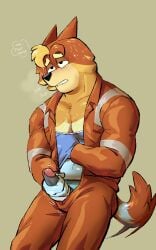 anthro australian_cattle_dog bite biting_lip bluey_(series) blush blush_lines bodily_fluids body_hair canid canine canis cattledog chest_hair clothing coveralls domestic_dog fur genitals herding_dog hi_res humanoid_genitalia humanoid_penis male mammal masturbation multicolored_body multicolored_fur muscular muscular_anthro muscular_male nipple_fetish nipple_play pastoral_dog penis radley_heeler sagingbarko solo speech_bubble standing sweat tail tail_motion topwear undressing