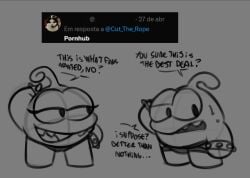 antennae_(anatomy) bodily_fluids bracelet clothed clothing comment concern cut_the_rope duo eyelashes female henrique_rick hi_res humanoid jewelry male male/female nommie om_nelle om_nom partially_clothed pornhub sketch smug speedo sweat swimwear tweet twitter zeptolab
