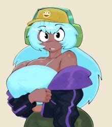 1girls bare_shoulders big_ass big_breasts blue_hair breasts breasts_bigger_than_head brown_body caught caught_changing caught_off_guard caught_undressing cleavage crop_top curvy cute dark-skinned_female dark_skin dolly_dimpley female giant_breasts gigantic_breasts gloomyacid hat headphones huge_breasts jacket large_breasts looking_at_viewer removing_clothing removing_jacket shiny_skin shorts shoulders smiling_friends solo solo_female spaghetti_strap staring staring_at_viewer sweat sweatdrop sweating tagme undressed undressing undressing_self
