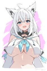 1girls :d adapted_costume ahoge animal_ear_fluff animal_ears aqua_eyes artist_name bare_shoulders blue_neckerchief blush braid breasts cropped_torso dated detached_sleeves fox_ears hololive large_breasts long_hair long_sleeves looking_at_viewer neckerchief open_mouth pink_background revealing_clothes seo_tatsuya shirakami_fubuki side_braid smile solo two-tone_background underboob upper_body virtual_youtuber white_background white_hair