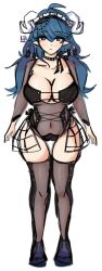 2024 artist_upload big_breasts big_thighs bigoldstinker blue_hair cleavage lingerie oc original_character purple_eyes ram_horn self_upload sfw