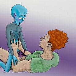 2boys alien alien/human bald beige_skin blue_skin bottomless dreamworks duo gay green_eyes hal_stewart holding_penis human interspecies male male_only megamind megamind_(character) paramount_pictures red_hair shirt_lift sitting_on_penis straddling tentacles tighten tripperfunster what yaoi