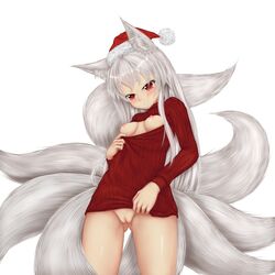 animal_ears breasts christmas female fox_ears fox_tail hat long_hair multiple_tails naked_sweater nipples open-chest_sweater original pussy red_eyes ribbed_sweater santa_hat solo sweater tail tenyoshi_(briansept) uncensored white_hair