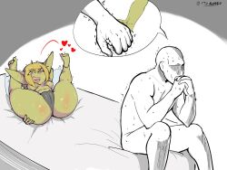 1boy 1boy1girl 1girls ass bald barefoot breasts eyebrows_visible_through_hair feet female goblin goblin_female green_body green_skin hand_holding handholding heart hi_res huge_ass koaru legs_up male male/female nervous nervous_sweat nipples open_mouth original presenting shortstack sitting thick_thighs wholesome
