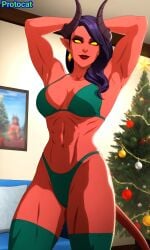 1girls abs ai_generated bikini bikini_bottom bikini_top breasts cel_shading cg christmas christmas_tree demon demon_girl demon_horns demon_tail dispatch_(game) earrings female green_clothing green_legwear horns legs legwear looking_at_viewer malevola_gibb medium_breasts muscle_tone muscles muscular muscular_arms muscular_female muscular_thighs no_irises pointy_ears protocat red-skinned_female red_body red_lips red_skin slim_waist smile tail thick_thighs thighhighs thighs toned toned_female yellow_eyes
