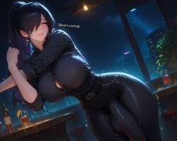 1futa absurdres ai_generated amiiari bar bartender belt bent_over big_breasts big_penis black_hair black_pants breast_peek bulge bulge_down_leg bulge_through_clothing bulge_under_clothes collared_shirt cowboy_shot cross_earrings detailed dickgirl dominant dominant_futa dynamic_angle erection_under_clothes erection_under_clothing futanari gigantic_penis goth gothic hair_over_one_eye head_tilt high-waist_pants hyper_penis intersex large_breasts long_penis massive_penis missing_button one_eye_covered one_eye_obstructed original_character parted_lips penis_outline penis_to_the_knees penis_under_clothes pink_eyes rebecca_(amiiari) skin_tight skindentation sleeves_rolled_up solo solo_focus standing stretched_clothing stretching thick_thighs tight_clothing tight_pants tight_shirt voluptuous