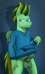 absurd_res anthro balls bedroom_eyes bite biting_lip bodily_fluids bottomless clothed clothing cum cum_in_clothing cum_through_clothing cum_through_hoodie ejaculation equid equine genital_fluids genitals gesture hand_gesture hand_on_hip hasbro hi_res hoodie horse looking_at_viewer male mammal my_little_pony mythological_creature mythological_equine mythology narrowed_eyes pegasus penis pointing pointing_at_penis pointing_at_self pony seductive shirt solo standing sweat sweaty_balls sweaty_genitalia taco.m.tacoson tacomytaco topwear wet wet_clothing wings