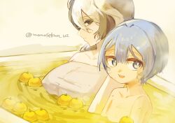 1boy 1girls bath bathing bathtub big_breasts black_and_white_hair black_hair blue_eyes blue_hair female huge_breasts looking_at_viewer made_in_abyss male marulk monosekun_uz nipple_bulge ozen towel two-tone_hair upper_body white_hair yuzu_(fruit)