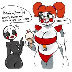 2girls baby_(fnafsl) charlie_emily circus_baby_(fnaf) classic_fnaf_2_marionette classic_fnaf_2_puppet classic_puppet dialogue elizabeth_afton english_text five_nights_at_freddy's fnaf_sister_location fnafsl fredbears_family_diner green_eyes ice_cream implied_lesbian jemfjejdhkef marionette_(fnaf) nervous puppet puppet_(fnaf) red_lipstick text white_body