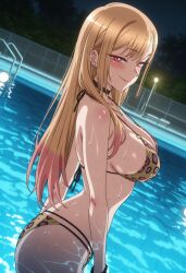 1girls ai_generated animal_print ass bangs bikini blonde_hair blush bracelet breasts ear_piercing earrings eyebrows_visible_through_hair female gyaru jewelry kawaani_main kitagawa_marin large_breasts leopard_print long_hair looking_at_viewer night piercing pool poolside red_eyes smile solo sono_bisque_doll_wa_koi_wo_suru swimsuit wading water wet
