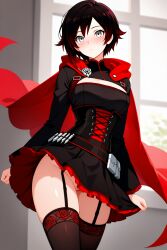 1girls ai_generated black_hair cape female female_only garter_straps gradient_hair no_panties ruby_rose rwby short_hair silver_eyes solo solo_female tagme thighhighs upskirt