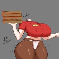 1girls ashlindhe_(franktonius) bare_legs big_breasts body_part_swap delivery_employee delivery_girl franktonius gray_background grey_background headless headless_female headless_woman large_breasts midriff name_tag no_head no_legwear no_pants pacman pizza pizza_box pizza_delivery pizza_delivery_girl red_hat red_shirt skin_tone_mismatch solo string_panties
