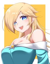 :d bare_shoulders big_breasts blonde_hair blue_dress blue_eyes blush blush_lines blushing border breasts brooch cleavage commentary dress earrings female highres jewelry large_breasts long_hair looking_at_viewer mario_(series) nintendo off-shoulder_dress off_shoulder open_mouth outside_border princess_rosalina smile solo star_(symbol) star_brooch star_earrings symbol-only_commentary tomatomiya upper_body white_border yellow_background