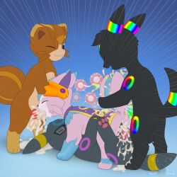 absurd_res animal_genitalia animal_penis animal_vulva arian_the_dalmatian belly blue_eyes bodily_fluids brown_body brown_fur canine_genitalia canine_penis canine_vulva cape clothing collar cum cum_in_mouth cum_in_tail cum_in_vagina cum_inside cum_pooling dark_body dark_fur digit_ring doggy_style eeveelution espeon excessive_cum excessive_genital_fluids eyewear fellatio female feral foursome from_behind_position fur generation_2_pokemon genital_fluids genitals glasses group group_sex hi_res hybrid impregnation jewelry jm-luxro knot lewxen lipe_(character) luxro lying male male/female multicolored_penis multiple_ova neck_tuft nintendo on_back oral ovum penile penis penis_on_tail pink_body pink_fur pokemon pokemon_(species) rainbow_penis ring sex tan_belly tuft umbreon vaginal_penetration veo_(st3veo) wedding_ring